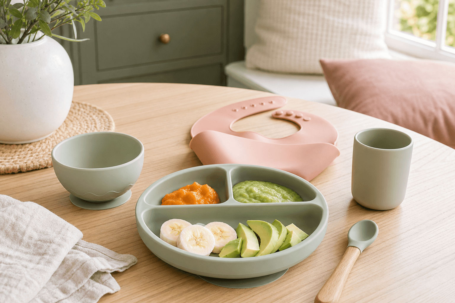 Silicone feeding bowl, bib, divided plate and first foods arranged on a sunny table