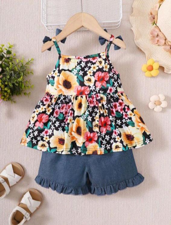 Baby Girls' Bow Knot Decor Flower Printed Tank Top And Non-Washed Denim Shorts Set