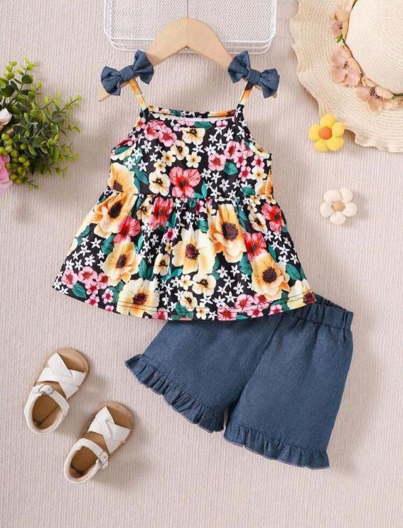 Baby Girls' Bow Knot Decor Flower Printed Tank Top And Non-Washed Denim Shorts Set. Baebeboo.com