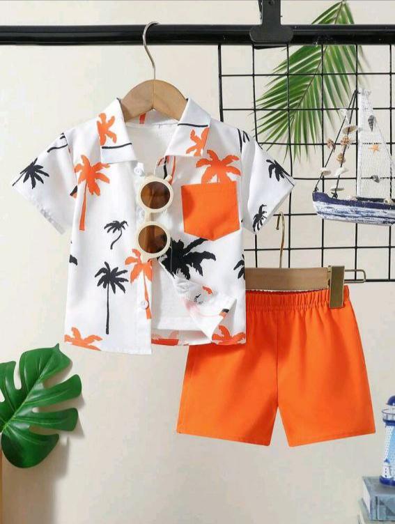 Baby Boys' Casual Coconut Tree Print Short Sleeve Shirt And Shorts Set, Perfect For Holiday Summer. Buy online from baebeboo.com
