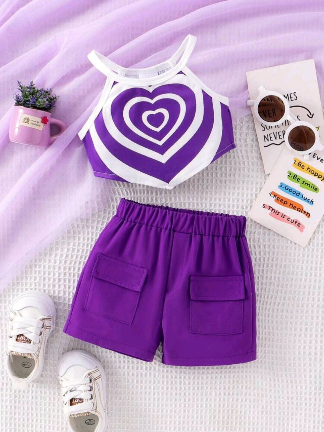 Baby Girl Asymmetrical Heart Print Cami Top And Purple Shorts With Pockets Outfits. shop baebeboo.com