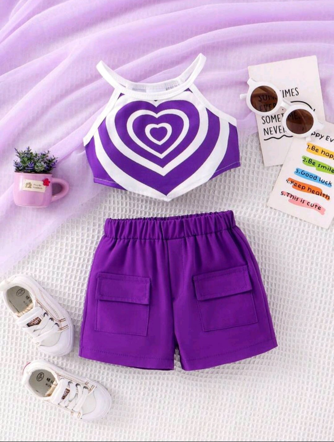 Baby Girl Asymmetrical Heart Print Cami Top And Purple Shorts With Pockets Outfits. shop baebeboo.com