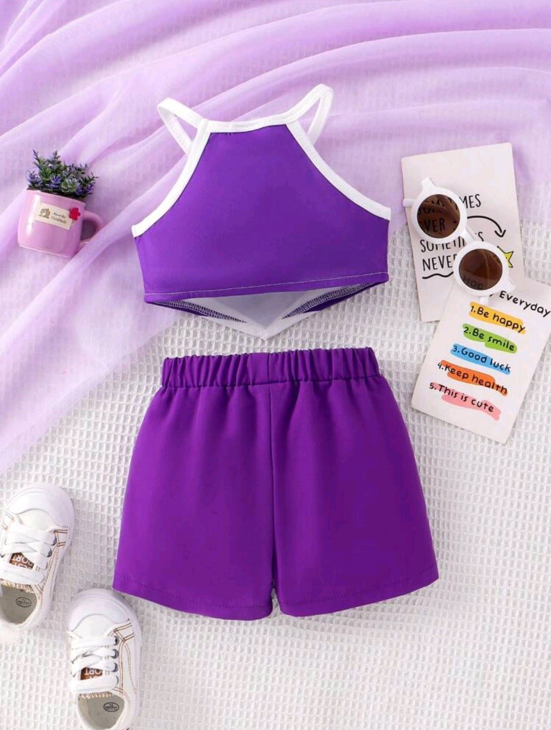 Baby Girl Asymmetrical Heart Print Cami Top And Purple Shorts With Pockets Outfits (Size: 6-9 months)