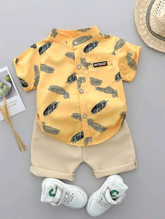 Baby Boy Summer Full Allover Print Feather Shirt And Shorts Set (Size: 18 - 24 months)