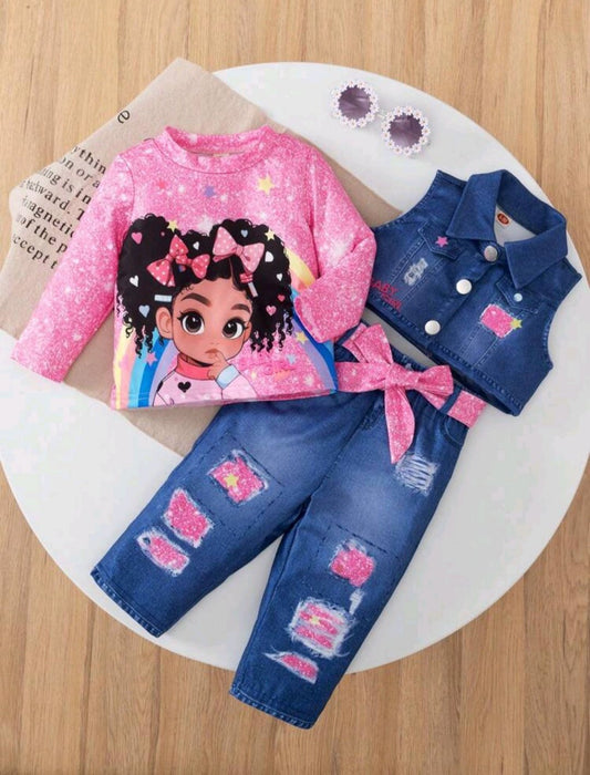 3pcs/Set Baby Girls' Fashionable Casual Cartoon Print Top + Denim-Like Vest + Matching Denim-Like Pants + Belt (Sizes: 9 - 12 months)