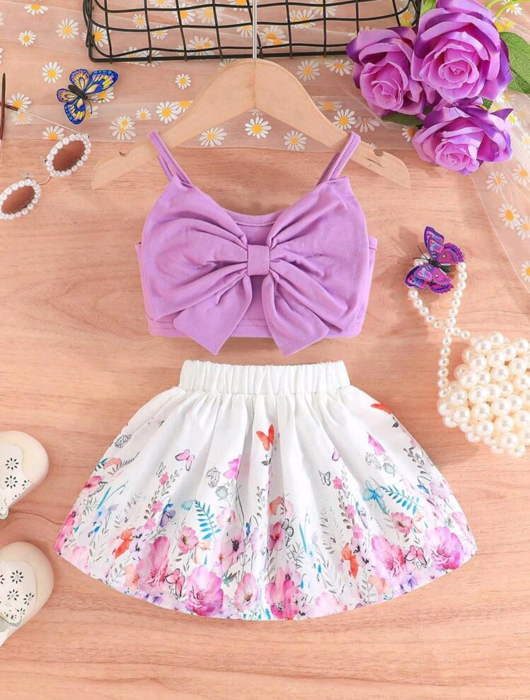 Baby Girls' Summer Set, Fashionable 2pcs Cute Bow Detail-Shaped Top With Bowknot & Floral Print Skirt (Size 6 - 9 months)