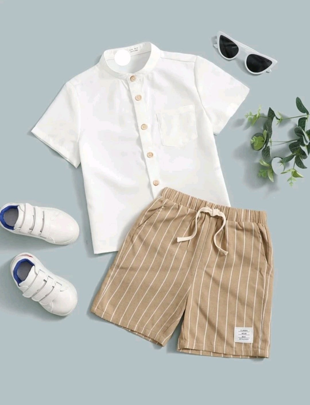 Young Boy Patched Pocket Shirt & Vertical Striped Drawstring Waist Shorts