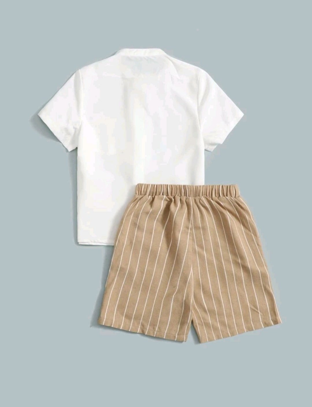 Young Boy Patched Pocket Shirt & Vertical Striped Drawstring Waist Shorts