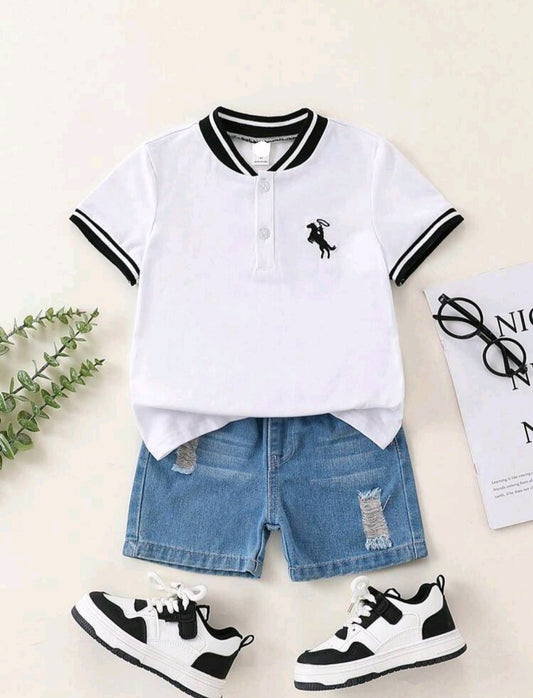 Young Boy Casual Sports College Style Half-Open Chest Design Small Stand Collar Horse Embroidery Polo Shirt, All-Match And Comfortable, Suitable For School, Festivals And Gatherings, Spring And Summer (Size: 4 - 5 years)