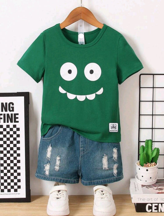 Young Boy Casual Summer Outfit - Solid Color Short Sleeve Tee With Smiling Face Print For A Relaxed, Comfortable Look (Size: 3 - 4 years)