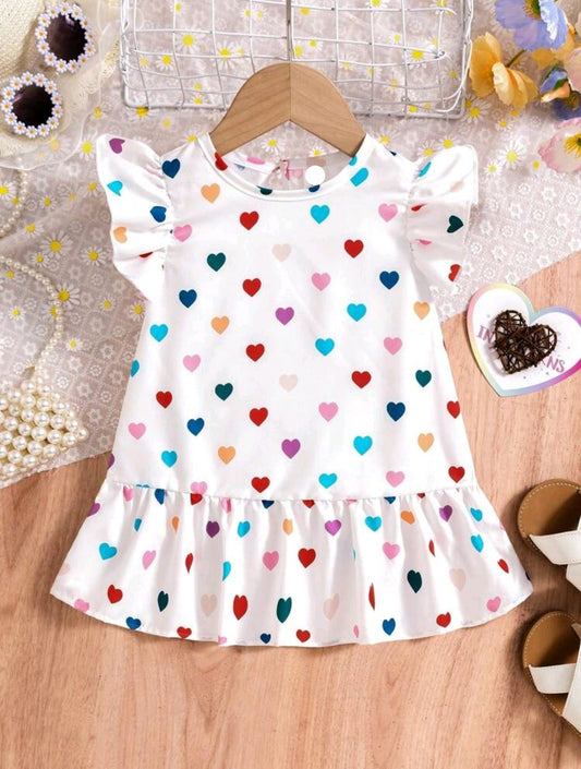 Rainbow Color Heart Pattern Lotus Leaf Hem Flounce Sleeve Baby Girl Dress For Summer (Size: 9 - 12 months)