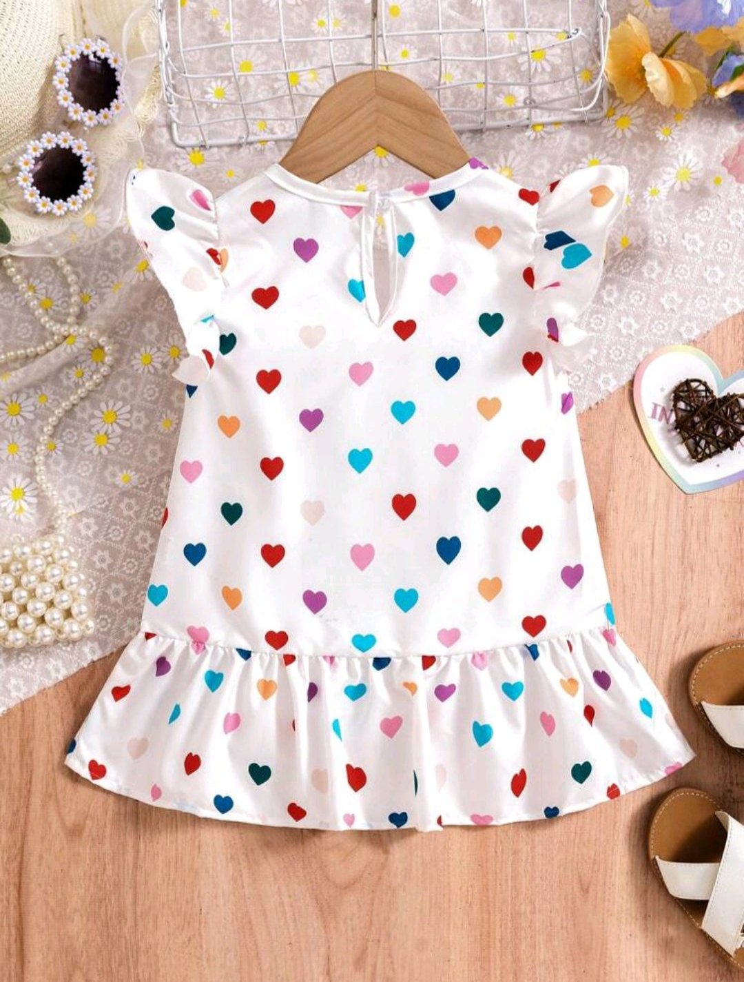 Rainbow Color Heart Pattern Lotus Leaf Hem Flounce Sleeve Baby Girl Dress For Summer (Size: 9 - 12 months)