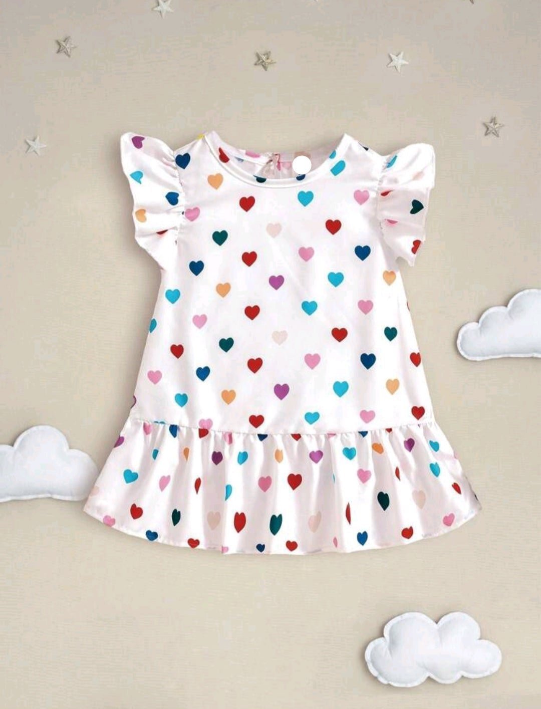 Rainbow Color Heart Pattern Lotus Leaf Hem Flounce Sleeve Baby Girl Dress For Summer (Size: 9 - 12 months)