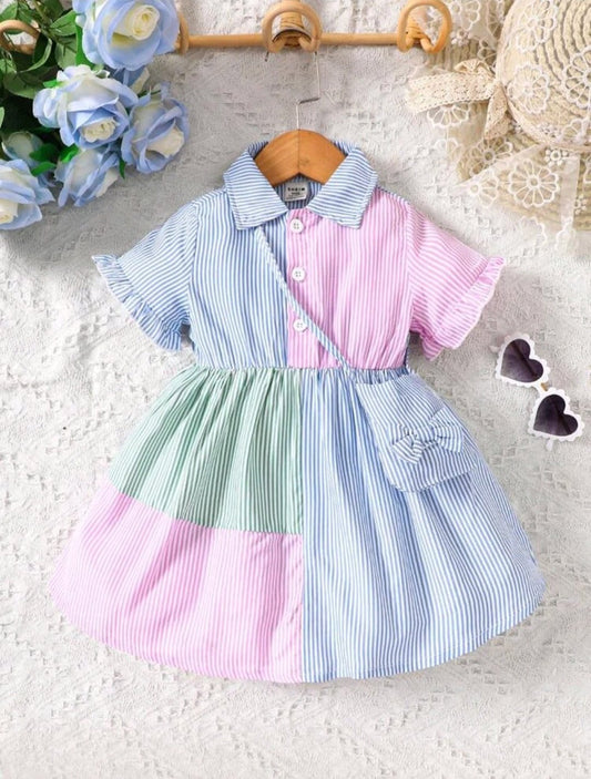 Baby Girl Striped Print Colorblock Flounce Sleeve Shirt Dress With Accessory Bag (Size 6 - 9 months)