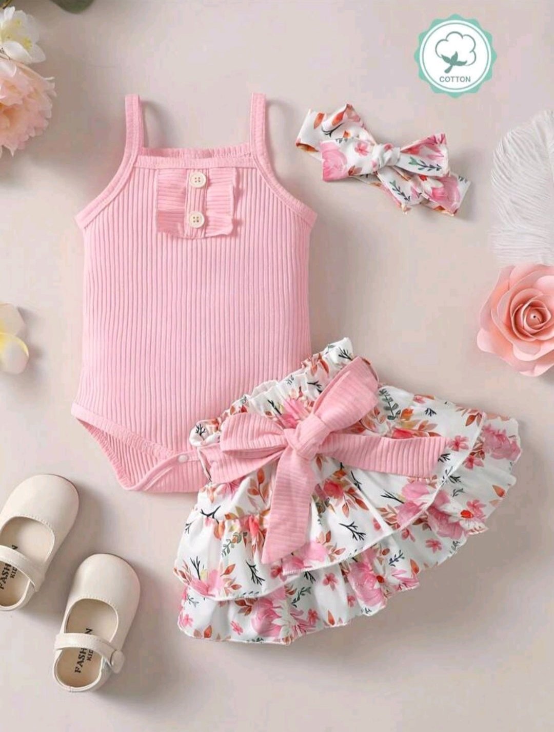 Summer Fashion 3pcs Baby Girl Headband + Solid Color Bodysuit + Flower Printed Waist Belt Skirt Set (Size: 6 - 9 months)