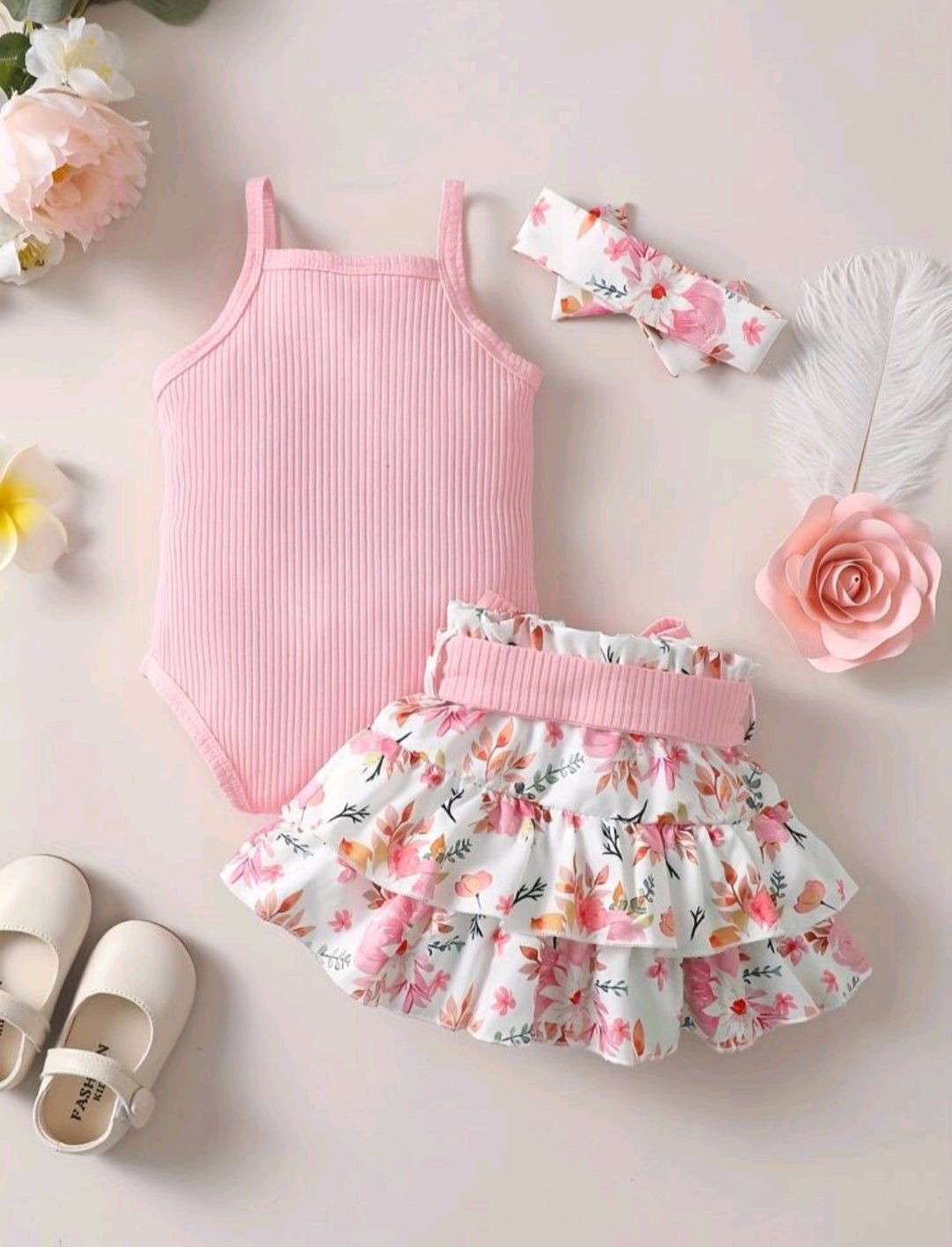 Summer Fashion 3pcs Baby Girl Headband + Solid Color Bodysuit + Flower Printed Waist Belt Skirt Set (Size: 6 - 9 months)