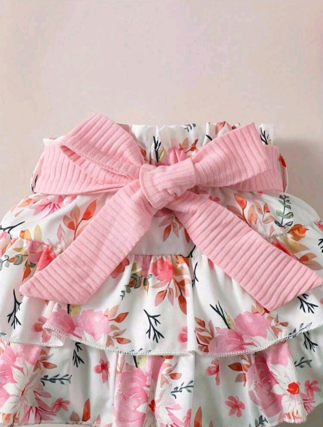 Summer Fashion 3pcs Baby Girl Headband + Solid Color Bodysuit + Flower Printed Waist Belt Skirt Set (Size: 6 - 9 months)