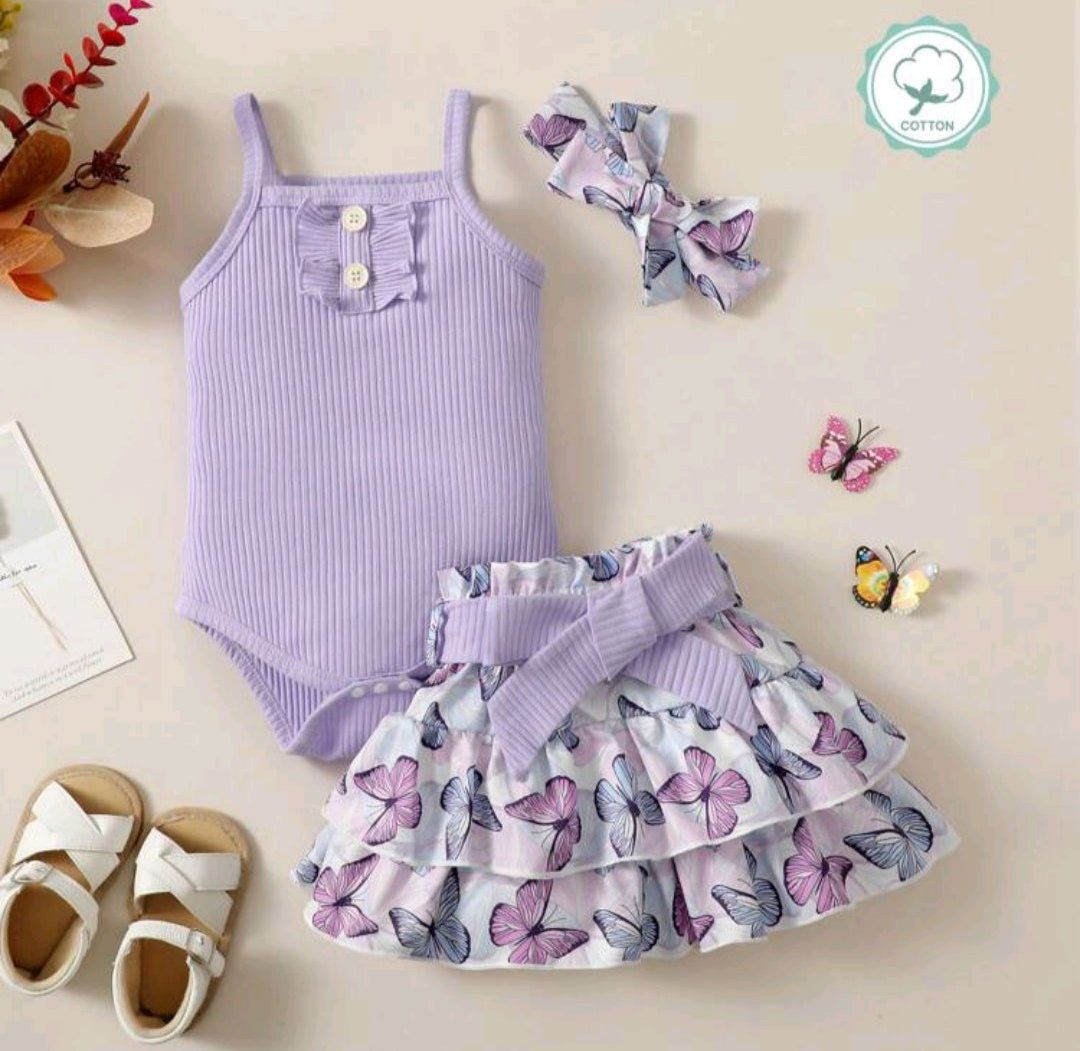 Summer Fashion 3pcs Baby Girl Headband + Solid Color Bodysuit + Flower Printed Waist Belt Skirt Set (Size: 6 - 9 months)