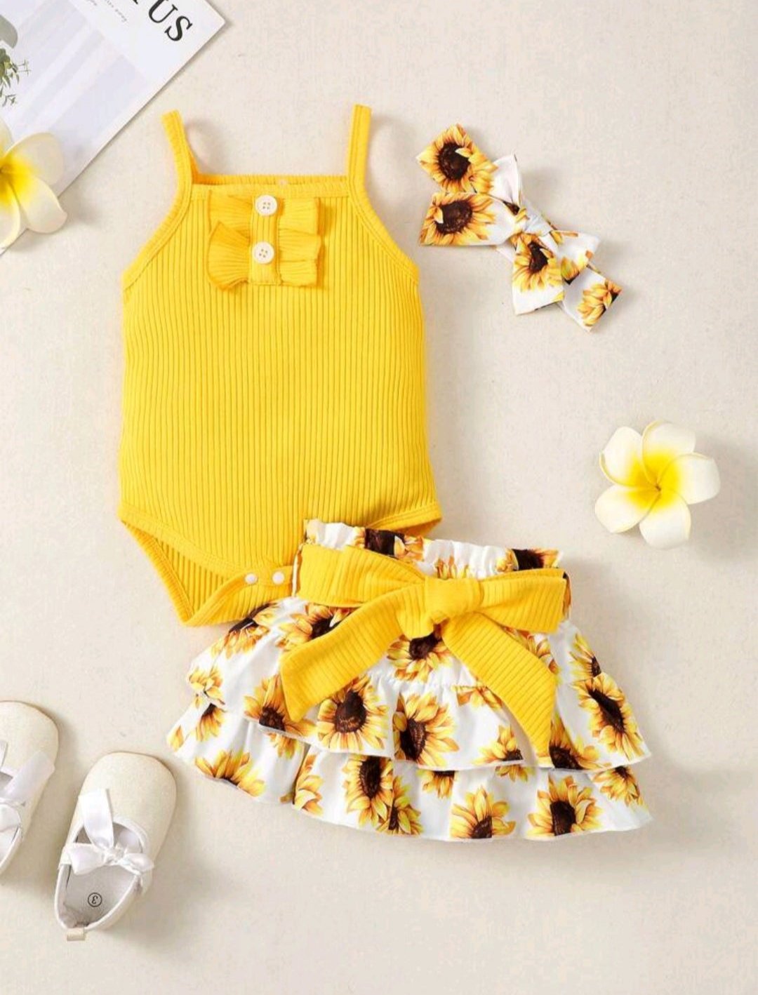 Summer Fashion 3pcs Baby Girl Headband + Solid Color Bodysuit + Flower Printed Waist Belt Skirt Set (Size: 6 - 9 months)