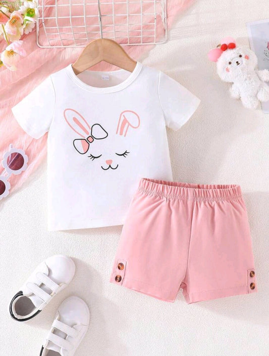 Baby Girls' Cute Rabbit Printed T-Shirt And Solid Color Elastic Waist Shorts Outfits, Spring/Summer (Size: 9 - 12 months)