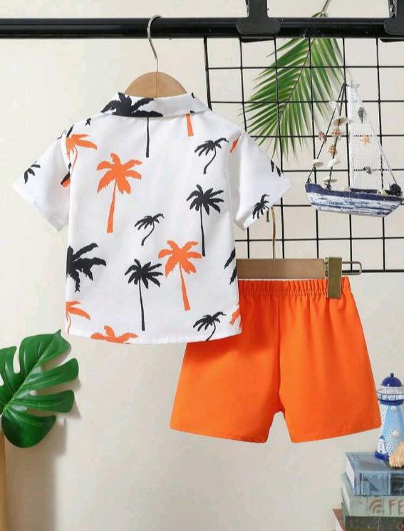Baby Boys' Casual Coconut Tree Print Short Sleeve Shirt And Shorts Set, Perfect For Holiday Summer