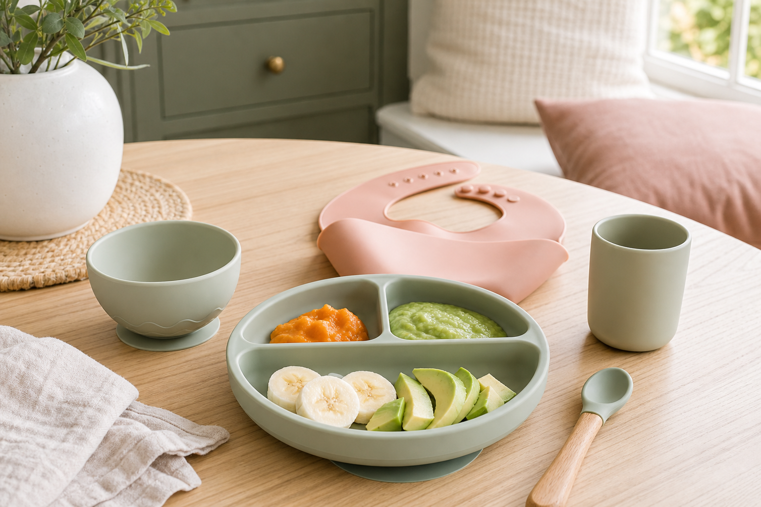 Silicone feeding bowl, bib, divided plate and first foods arranged on a sunny table